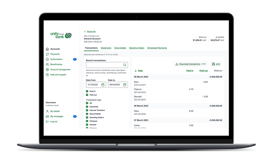 online banking account home screen