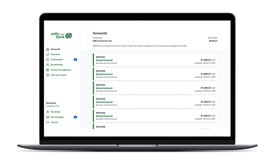 online banking accounts screen