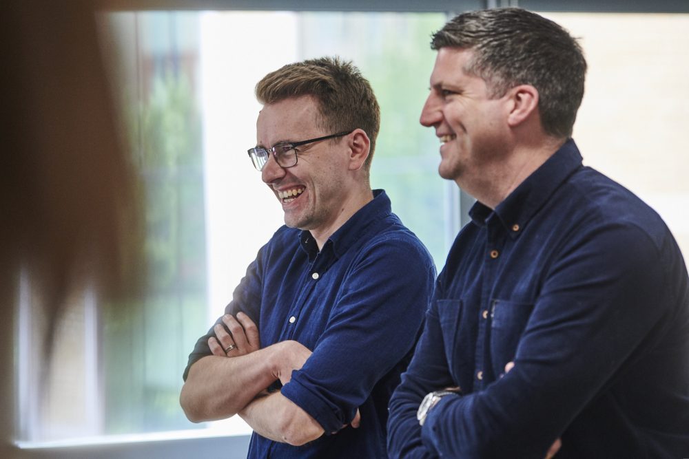 two bank managers laughing